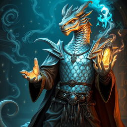 A majestic Dungeons & Dragons platinum dragonborn sorcerer stands in an arcane setting, channeling powerful magic