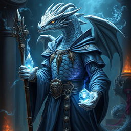 A majestic Dungeons & Dragons platinum dragonborn sorcerer stands in an arcane setting, channeling powerful magic