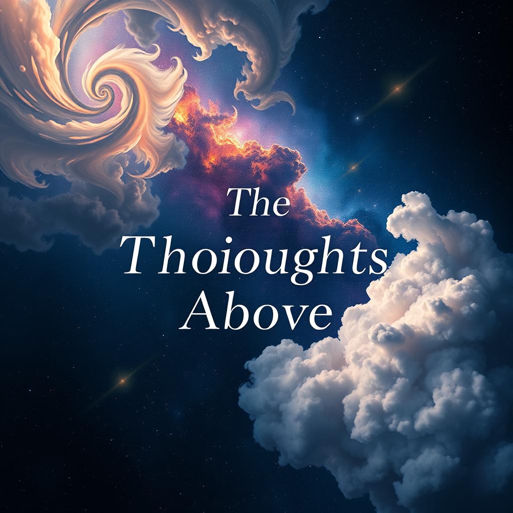 A captivating book cover design featuring expansive cosmos clouds in a deep space setting, with ethereal swirls and nebulae