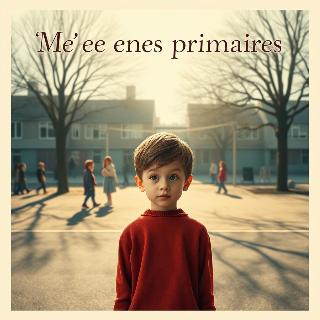 A heartfelt movie poster for "Mes années primaires", featuring a young, sentimental boy standing pensively at the heart of an elementary school playground