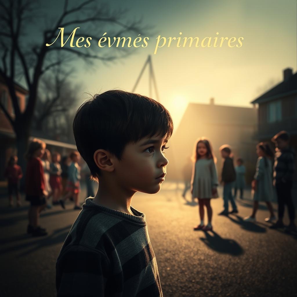 A heartfelt movie poster for "Mes années primaires", featuring a young, sentimental boy standing pensively at the heart of an elementary school playground