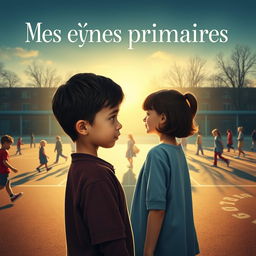 A heartfelt movie poster for "Mes années primaires", featuring a young, sentimental boy standing pensively at the heart of an elementary school playground