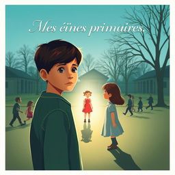 A heartfelt movie poster for "Mes années primaires", featuring a young, sentimental boy standing pensively at the heart of an elementary school playground