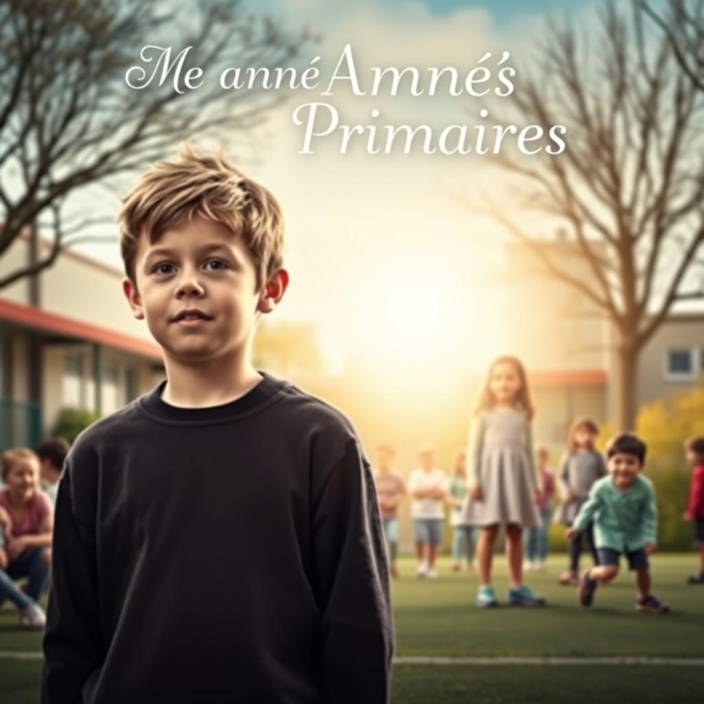 A touching movie poster for "Mes Années Primaires", focusing on a sentimental young boy who stands alone on a vibrant elementary school playground filled with children