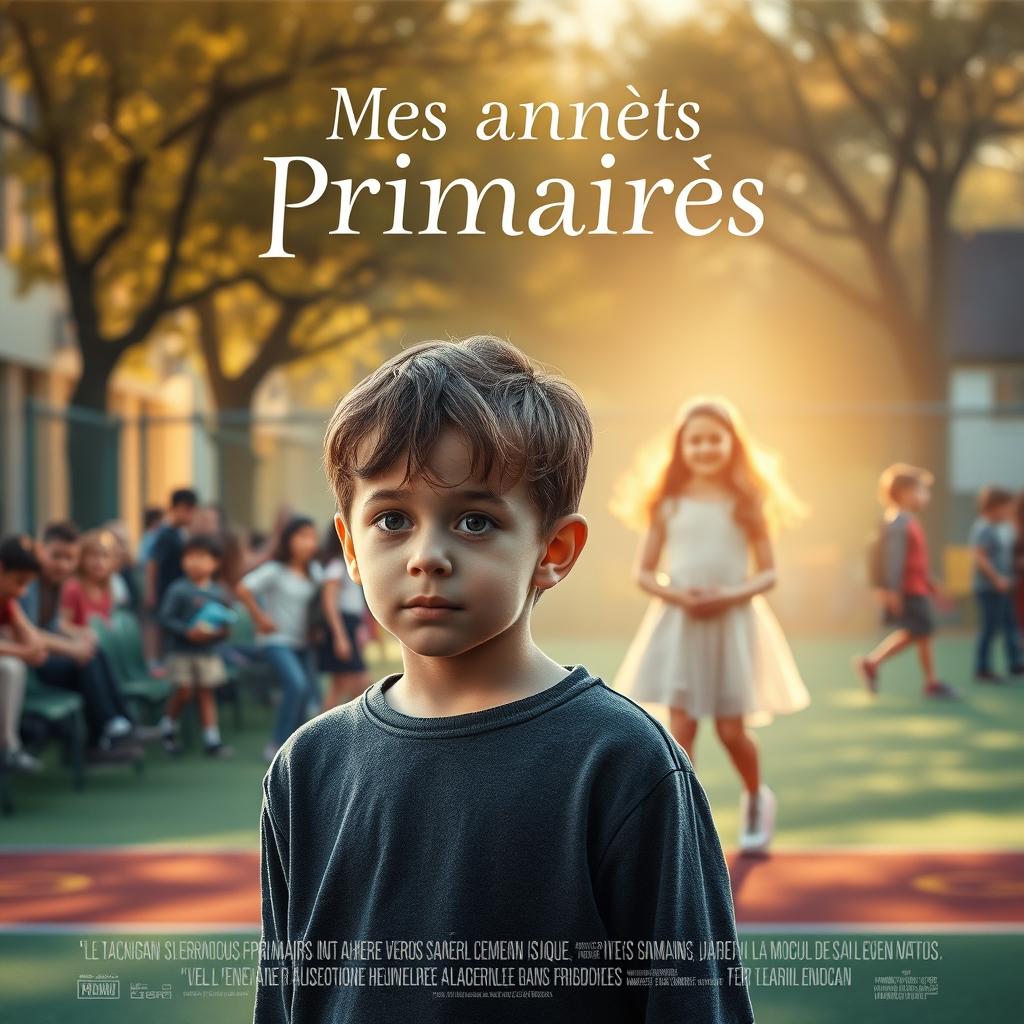 A touching movie poster for "Mes Années Primaires", focusing on a sentimental young boy who stands alone on a vibrant elementary school playground filled with children