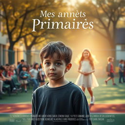 A touching movie poster for "Mes Années Primaires", focusing on a sentimental young boy who stands alone on a vibrant elementary school playground filled with children