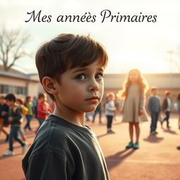 A touching movie poster for "Mes Années Primaires", focusing on a sentimental young boy who stands alone on a vibrant elementary school playground filled with children