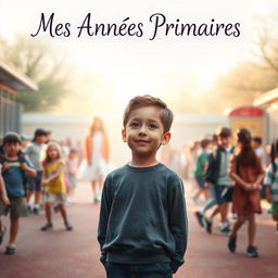 A touching movie poster for "Mes Années Primaires", focusing on a sentimental young boy who stands alone on a vibrant elementary school playground filled with children