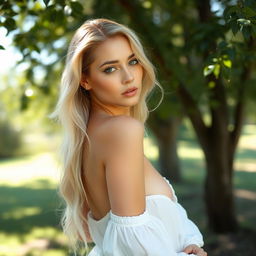 A beautiful blonde woman posing elegantly in a serene natural setting, exuding confidence and grace