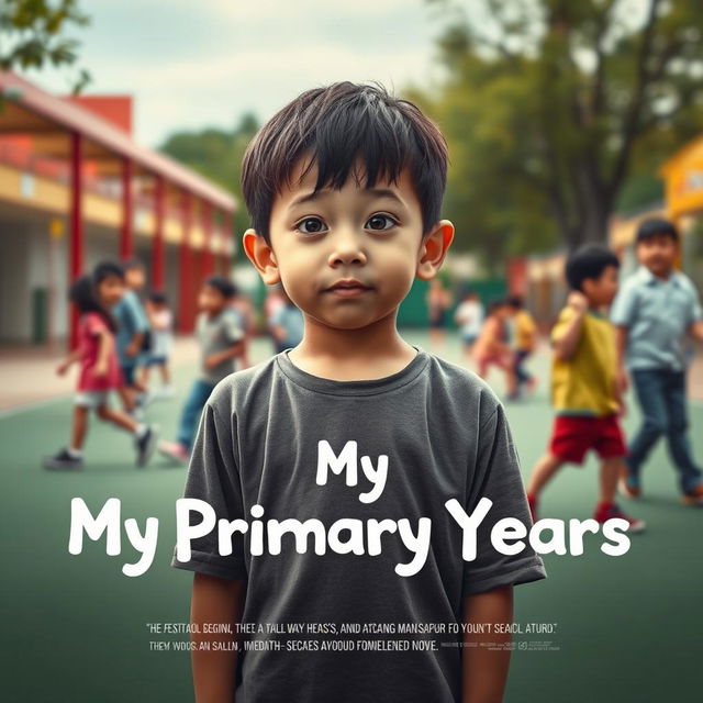 A poignant movie poster for "My Primary Years", centering on an emotional young boy standing alone in a vibrant elementary school playground