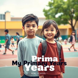 A poignant movie poster for "My Primary Years", centering on an emotional young boy standing alone in a vibrant elementary school playground