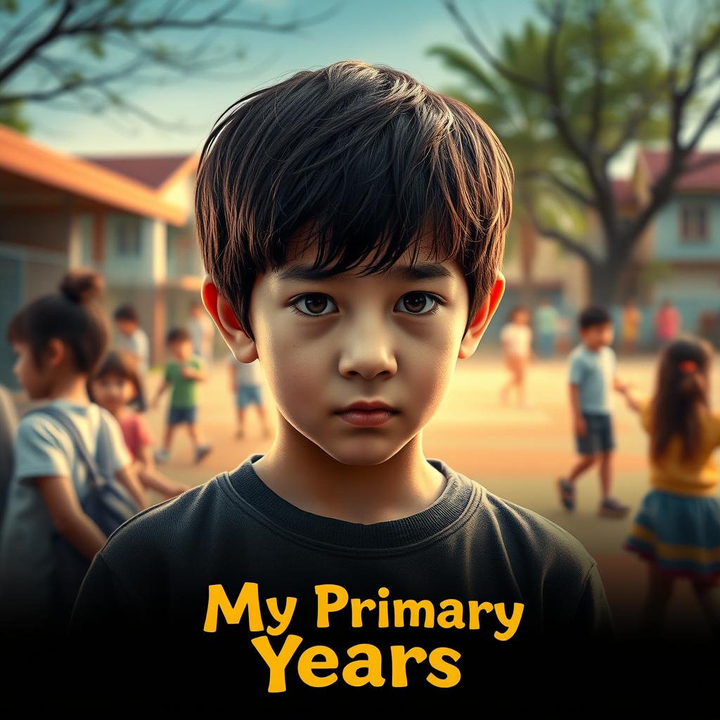 An evocative movie poster for "My Primary Years" highlighting an emotional young boy standing thoughtfully in an elementary school playground