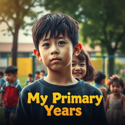 An evocative movie poster for "My Primary Years" highlighting an emotional young boy standing thoughtfully in an elementary school playground