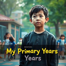 An evocative movie poster for "My Primary Years" highlighting an emotional young boy standing thoughtfully in an elementary school playground