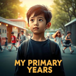 An evocative movie poster for "My Primary Years" highlighting an emotional young boy standing thoughtfully in an elementary school playground