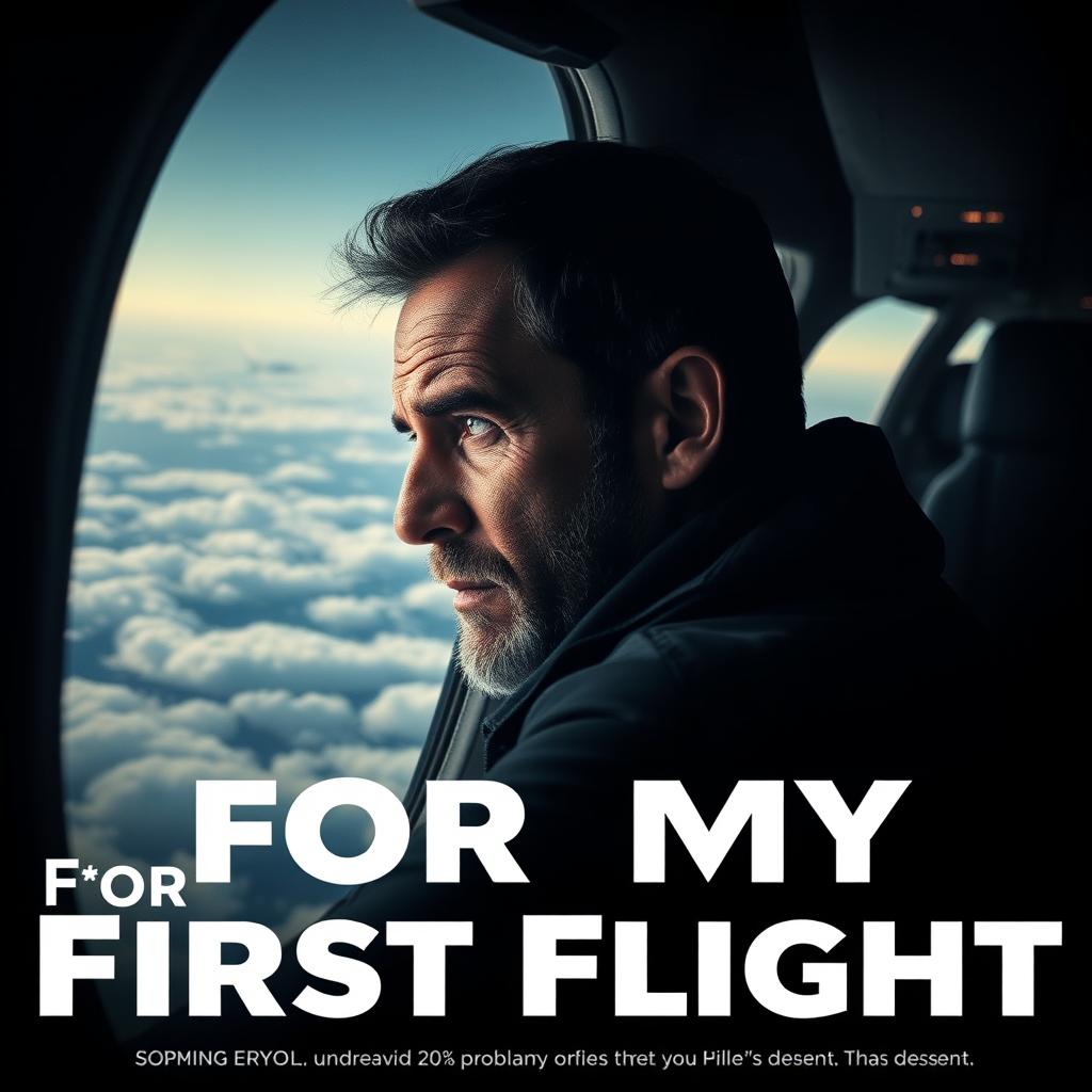 A gripping movie poster for "For My First Flight" featuring a seasoned hero, grappling with post-traumatic stress disorder, mid airplane journey