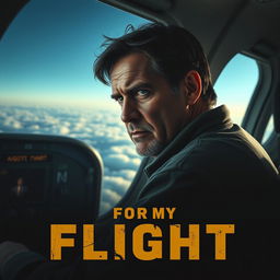 A gripping movie poster for "For My First Flight" featuring a seasoned hero, grappling with post-traumatic stress disorder, mid airplane journey