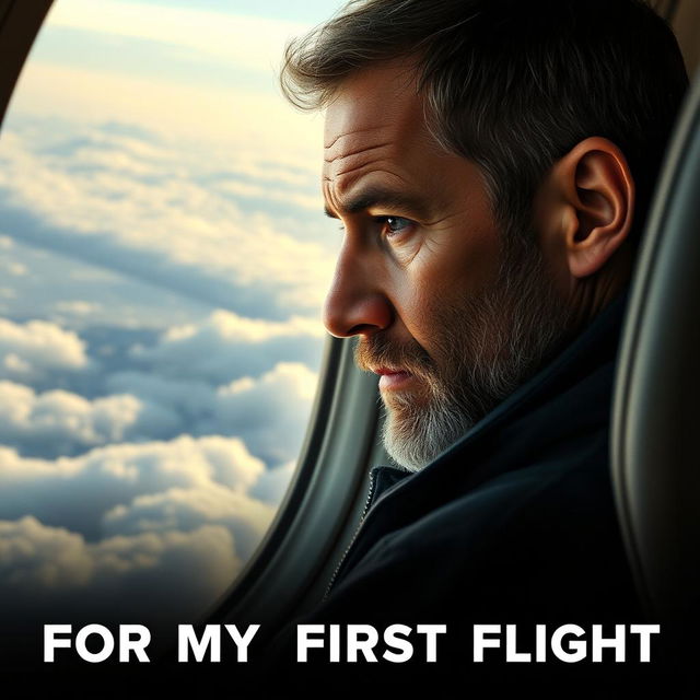 A gripping movie poster for "For My First Flight" featuring a seasoned hero, grappling with post-traumatic stress disorder, mid airplane journey