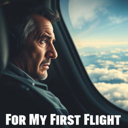 A gripping movie poster for "For My First Flight" featuring a seasoned hero, grappling with post-traumatic stress disorder, mid airplane journey