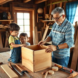 A heartwarming scene of a Latino grandfather and his two grandchildren working together in a home woodworking workshop, building a wooden box