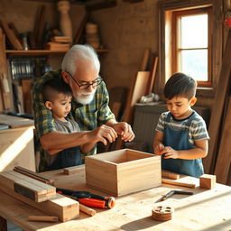 A heartwarming scene of a Latino grandfather and his two grandchildren working together in a home woodworking workshop, building a wooden box