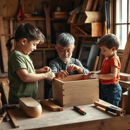 A heartwarming scene of a Latino grandfather and his two grandchildren working together in a home woodworking workshop, building a wooden box