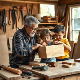 A heartwarming scene of a Latino grandfather and his two grandchildren working together in a home woodworking workshop, building a wooden box