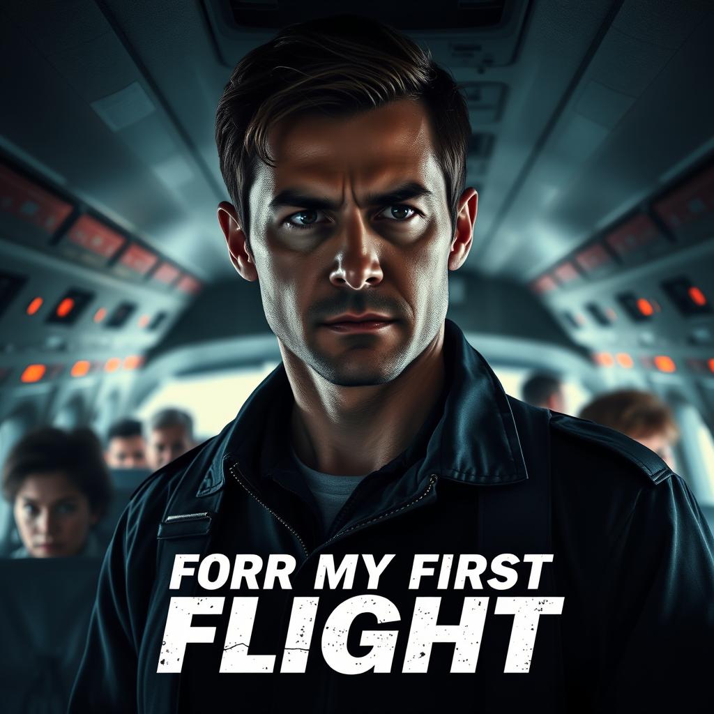 An intense movie poster for "For My First Flight" featuring a former hero, displaying a steely resolve, as he stands inside a plane with passengers in the background