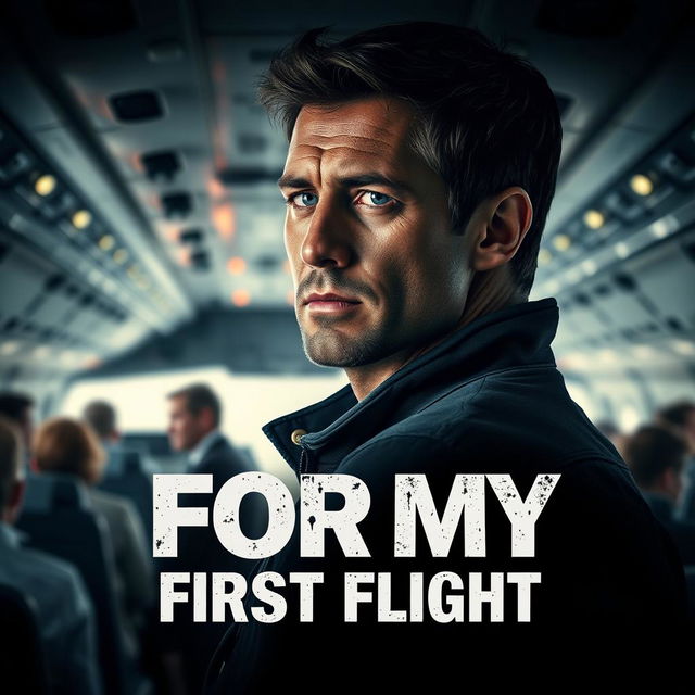 An intense movie poster for "For My First Flight" featuring a former hero, displaying a steely resolve, as he stands inside a plane with passengers in the background