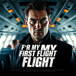 An intense movie poster for "For My First Flight" featuring a former hero, displaying a steely resolve, as he stands inside a plane with passengers in the background