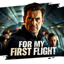 An intense movie poster for "For My First Flight" featuring a former hero, displaying a steely resolve, as he stands inside a plane with passengers in the background