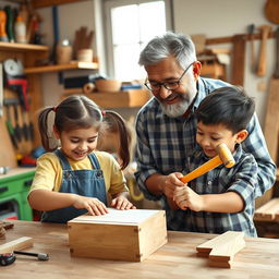 A charming and playful scene of a Latino grandfather with his granddaughter and grandson in a home woodworking workshop, crafting a wooden box