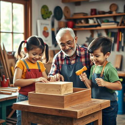 A charming and playful scene of a Latino grandfather with his granddaughter and grandson in a home woodworking workshop, crafting a wooden box