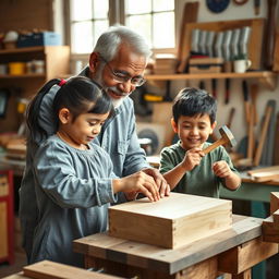 A charming and playful scene of a Latino grandfather with his granddaughter and grandson in a home woodworking workshop, crafting a wooden box