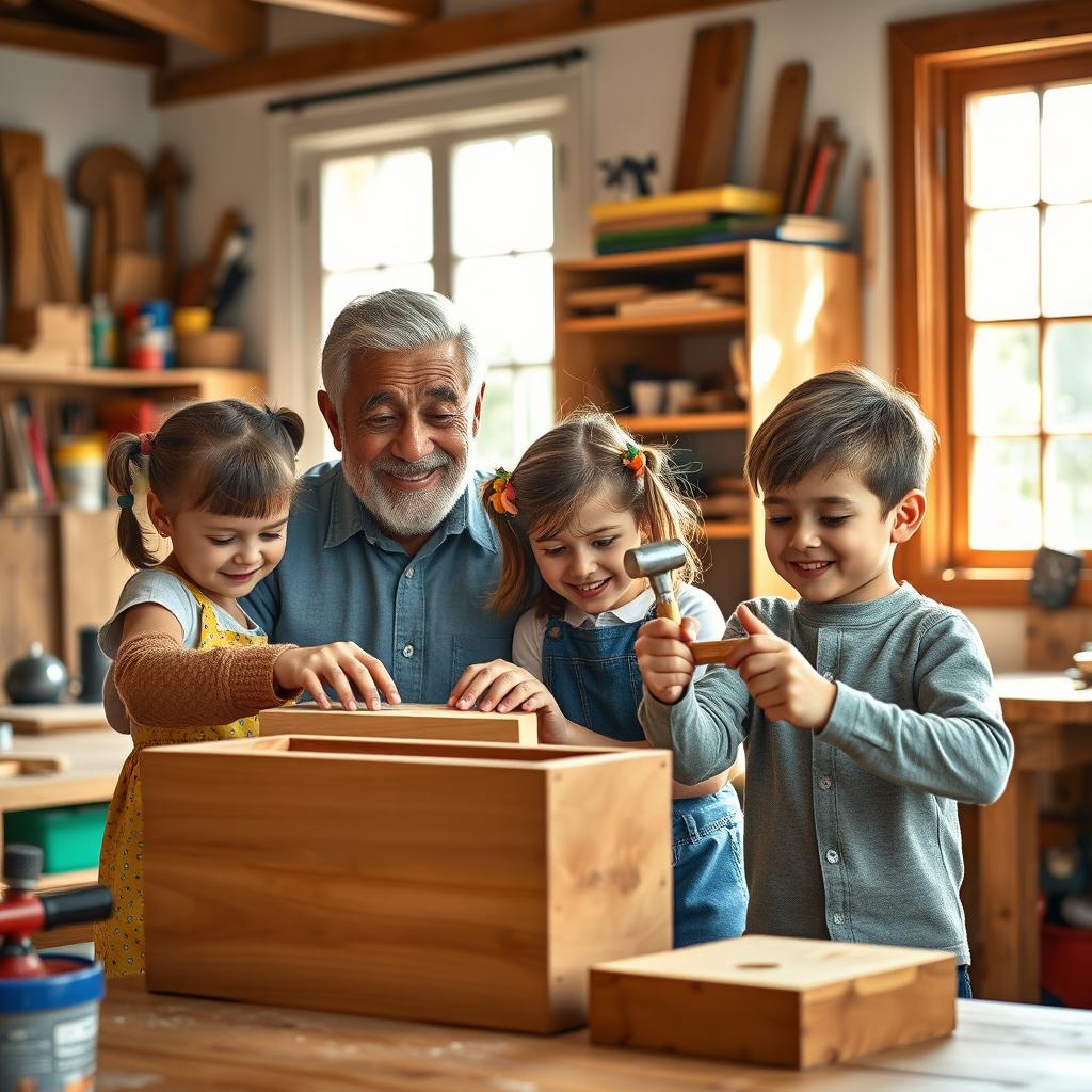 A charming and playful scene of a Latino grandfather with his granddaughter and grandson in a home woodworking workshop, crafting a wooden box