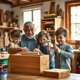 A charming and playful scene of a Latino grandfather with his granddaughter and grandson in a home woodworking workshop, crafting a wooden box