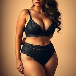 A realistic depiction of a curvy woman wearing elegant black lingerie, showcasing her natural beauty and confidence