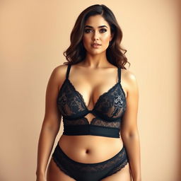 A realistic depiction of a curvy woman wearing elegant black lingerie, showcasing her natural beauty and confidence