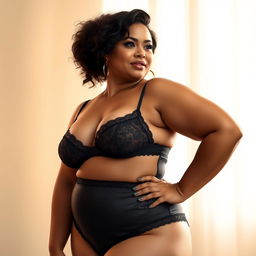 A realistic depiction of a curvy woman wearing elegant black lingerie, showcasing her natural beauty and confidence