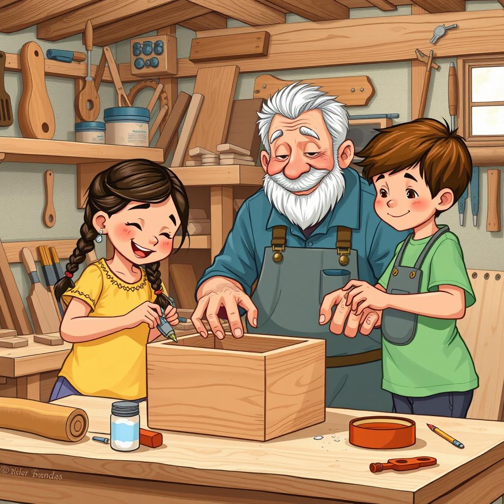 A delightful and whimsical illustration of a Latino grandfather with his granddaughter and grandson in a home woodworking workshop, working together to make a wooden box