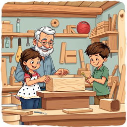 A delightful and whimsical illustration of a Latino grandfather with his granddaughter and grandson in a home woodworking workshop, working together to make a wooden box