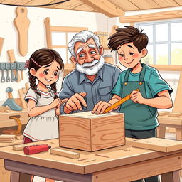 A delightful and whimsical illustration of a Latino grandfather with his granddaughter and grandson in a home woodworking workshop, working together to make a wooden box