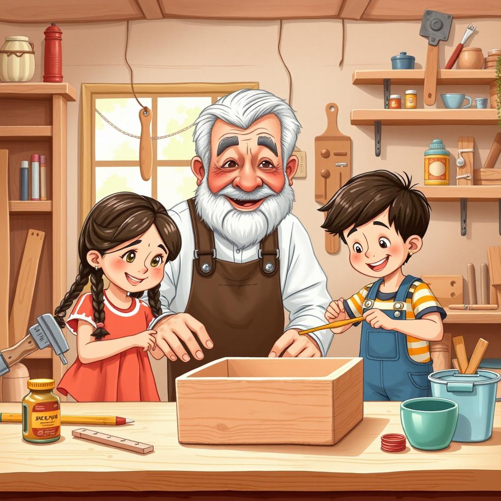 A delightful and whimsical illustration of a Latino grandfather with his granddaughter and grandson in a home woodworking workshop, working together to make a wooden box