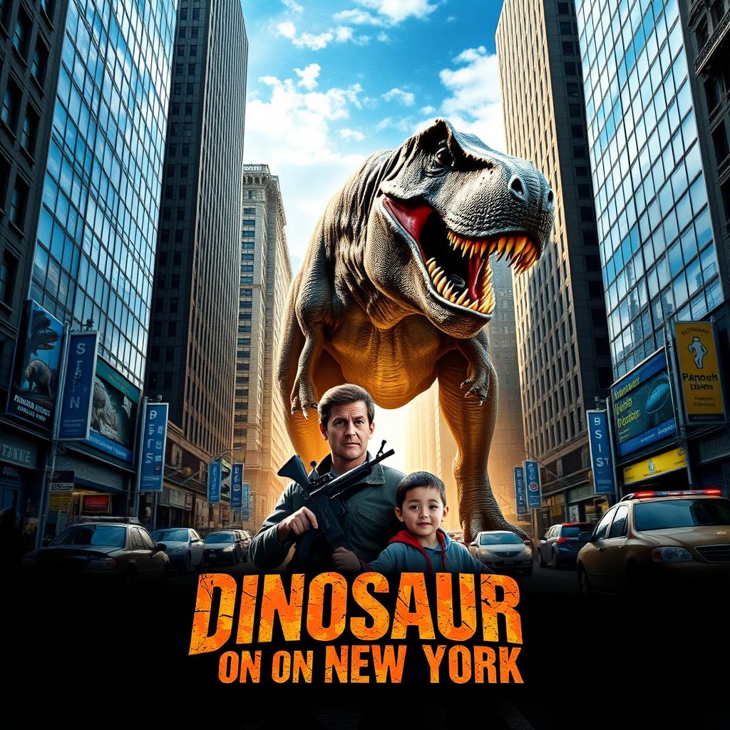 An action-packed movie poster for "Dinosaur on New York" featuring a courageous armed man and his young son facing off against a massive Tyrannosaurus Rex in the bustling streets of Manhattan