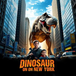 An action-packed movie poster for "Dinosaur on New York" featuring a courageous armed man and his young son facing off against a massive Tyrannosaurus Rex in the bustling streets of Manhattan