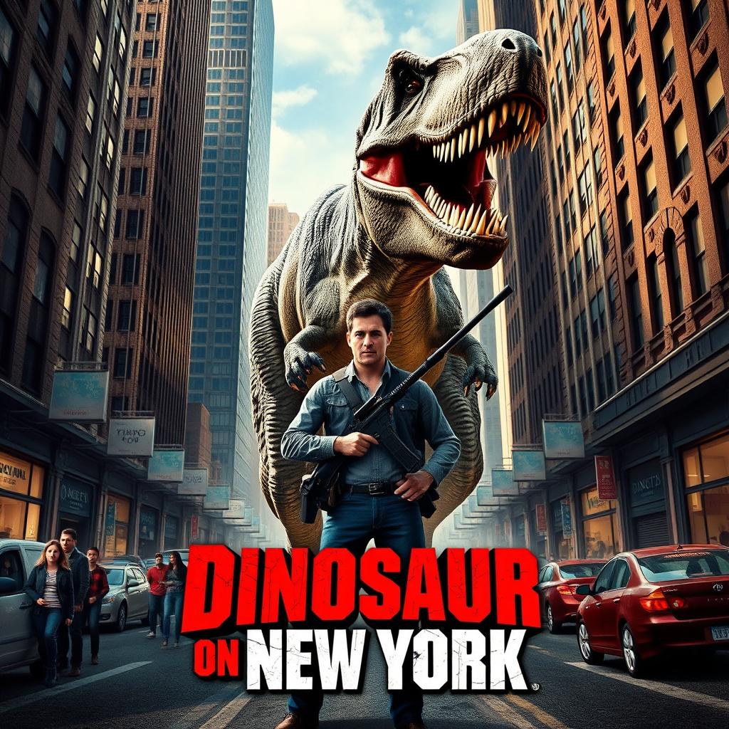 An action-packed movie poster for "Dinosaur on New York" featuring a courageous armed man and his young son facing off against a massive Tyrannosaurus Rex in the bustling streets of Manhattan