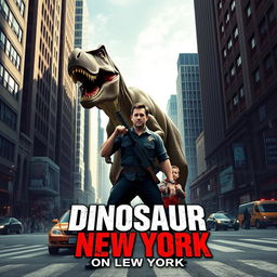 An action-packed movie poster for "Dinosaur on New York" featuring a courageous armed man and his young son facing off against a massive Tyrannosaurus Rex in the bustling streets of Manhattan