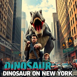 An action-packed movie poster for "Dinosaur on New York" featuring a courageous armed man and his young son facing off against a massive Tyrannosaurus Rex in the bustling streets of Manhattan