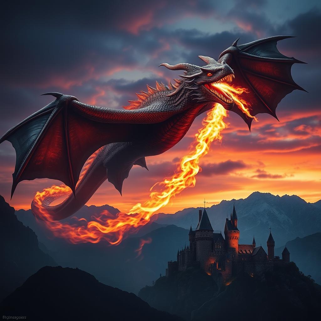 A cinematic movie poster depicting a majestic fire-breathing dragon soaring through a dramatic twilight sky