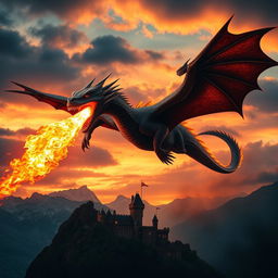 A cinematic movie poster depicting a majestic fire-breathing dragon soaring through a dramatic twilight sky